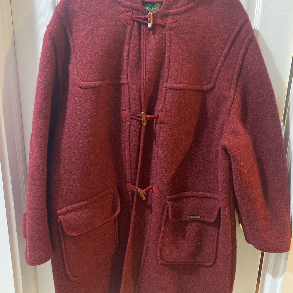 Vintage GIESSWEIN 100% men wool coat toggles & buttons hood size 46 burgundy